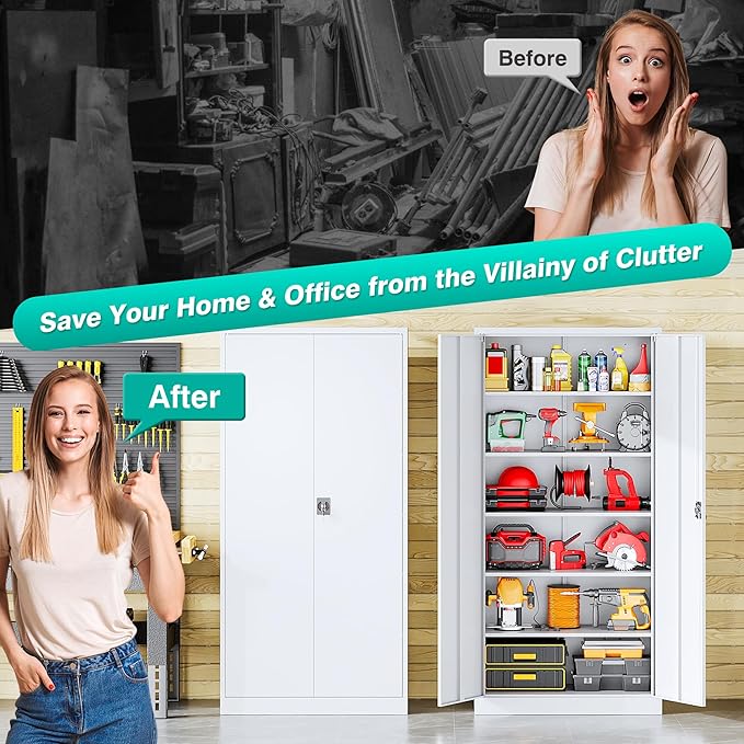 SISESOL White Metal Storage Cabinet with 5 Adjustable Shelves,71" Tall Metal Cabinet with Locking Doors,Steel Cabinet with Lock,Lockable Storage Cabinets for Home,Office,Kitchen,Laundry,Pantry