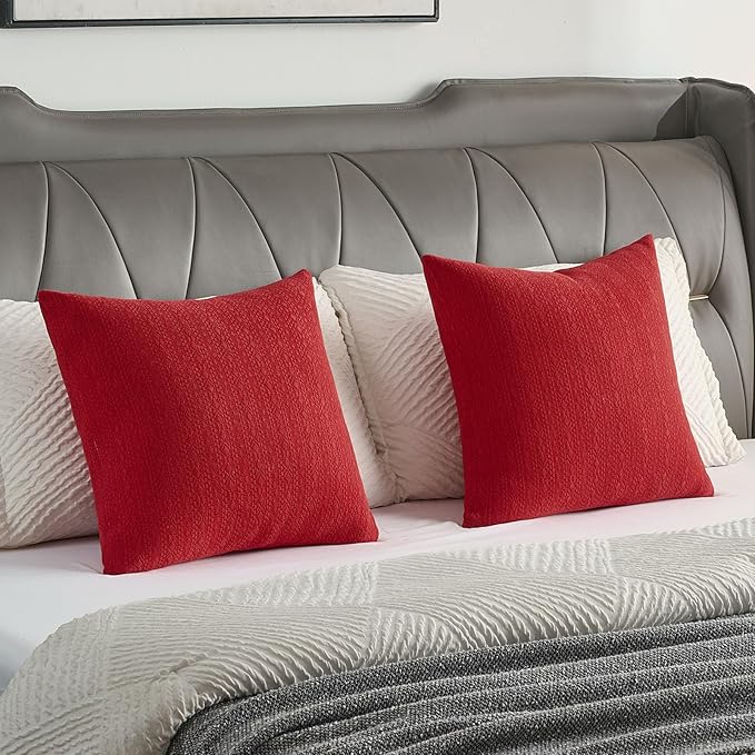 FUTEI Christmas Red Chenille Throw Pillow Covers 22x22 Inch Set of 2,Soft Striped & Diamond Textured Cushion Cases,Modern Home Decor for Couch Living Room