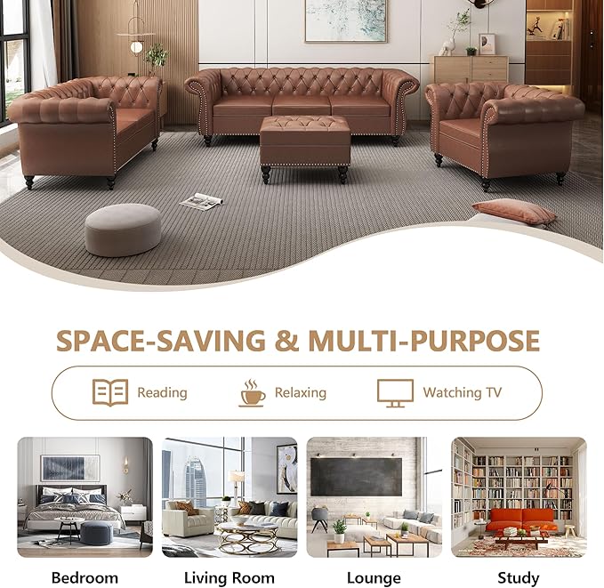 Home Sofa Living Room Furniture, 3 Seater Leather Upholstered Sofa Couch, Modern Comfy Couch with Faux Leather Cushions, Mid Century Tufted Chesterfield Sofas for Bedroom, Office, Apartment (Brown)