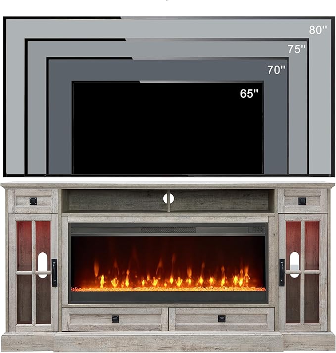 OKD Fireplace TV Stand for 80 Inch TV, Farmhouse Entertainment Center with 42" Fireplace & LED Lights, Modern Media Console Table with Storage Drawers & Cabinets for Living Room, Light Rustic Oak