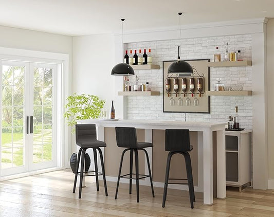 Armen Living Vienna 30" Swivel Bar Stool in Black Wood Finish with Gray Faux Leather - Set of 3