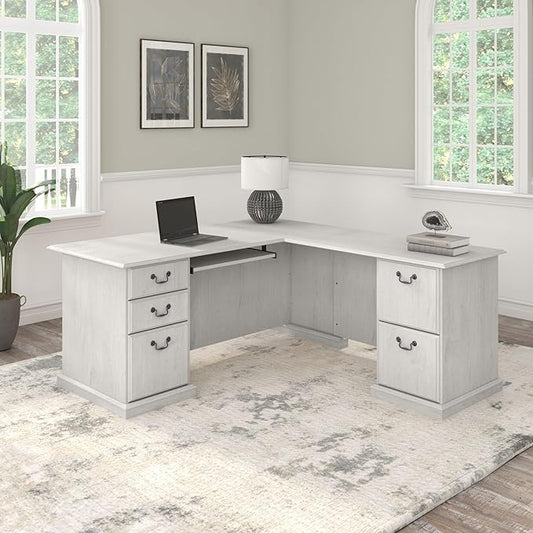Bush Furniture Saratoga L Shaped Computer Desk with Drawers and Storage in Linen White Oak | Large Corner Office Table for Workspace