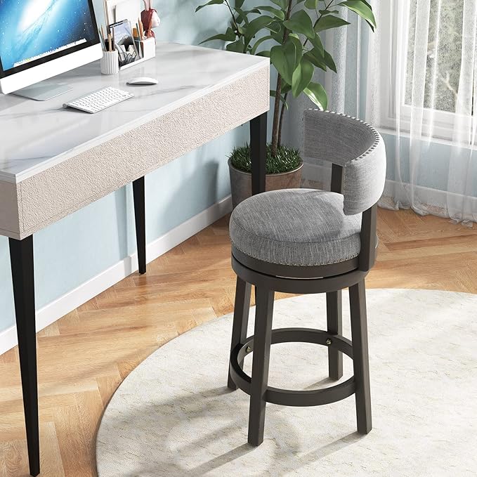 COSTWAY Bar Stool Set of 4, 27-inch 360° Swivel Barstool with Upholstered Back & Seat, Solid Rubber Wood Legs & Footrest, Farmhouse Counter Height Chair for Home, Bar, Cafe, Grey (4, Seat height 27‘’)