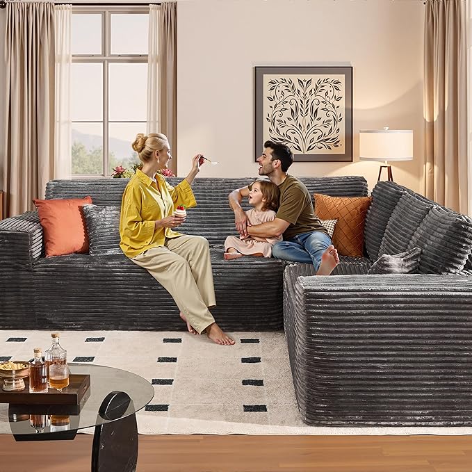 Weaxty Boneless Sectional Couch, Oversized L Shaped Modular Cloud Couches, Plush Corduroy Memory Foam Deep Seat Floor Sofa, No Assembly Required,Gray