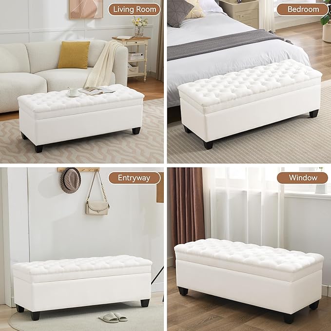 51" Fabric Storage Ottoman Bench, Upholstered Rectangle End of Bed Storage Ottoman Tufted Living Room Bedroom Bench with Safety Hinge, Solid Wood Legs, Loads 500 lb(Beige)