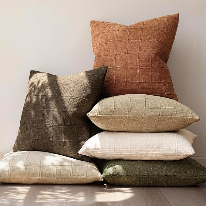 Foindtower Set of 2 Decorative Linen Check Throw Pillow Covers Neutral Farmhouse Vintage Cushion Covers Modern Boho Home Decor for Sofa Chair Couch Bedroom Living Room,16×16 Inch,Orange