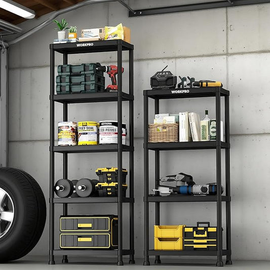 WORKPRO 5-Tier Plastic Storage Shelves, 500lb Capacity Shelving Unit, 67.1" H x 23.9" W x 12" D, Storage Rack for Garage, Home, Pantry, Office, Laundry, Tool-Free Assembly, Black