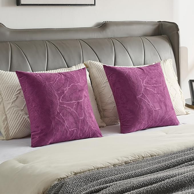 FUTEI Purple Velvet Throw Pillow Covers 24x24 Inch Set of 2,Soft Embossed Leaf-Relief Textured European Cushion Cases,Natural Home Decor for Couch Living Room
