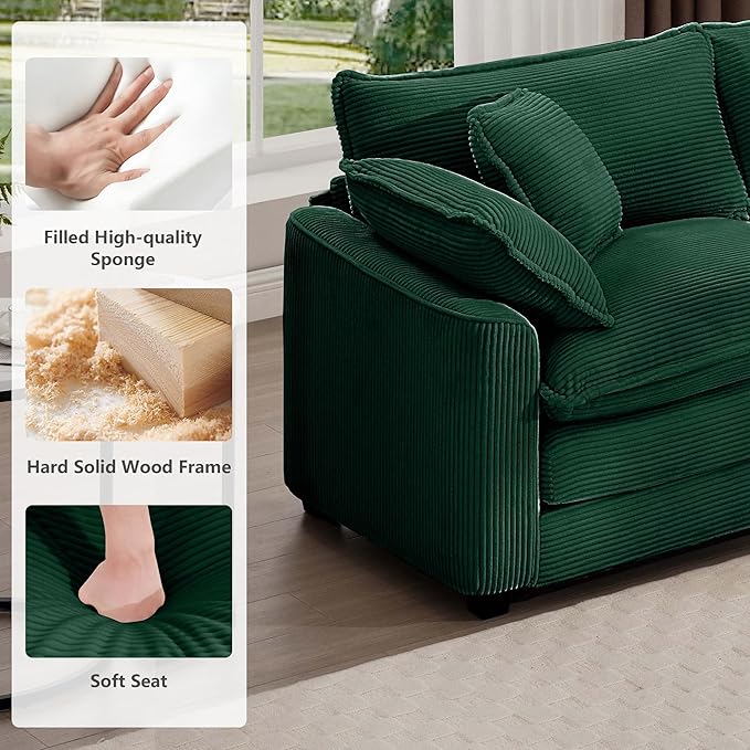 mikibama Luxury 3 Piece Sofa Set, 3-Seater & 2 Loveseat Couch Set, Modern Corduroy Comfy Cloud Couches Set for Living Room Office with 6 Armrest Pillows and 7 Toss Pillows, Green