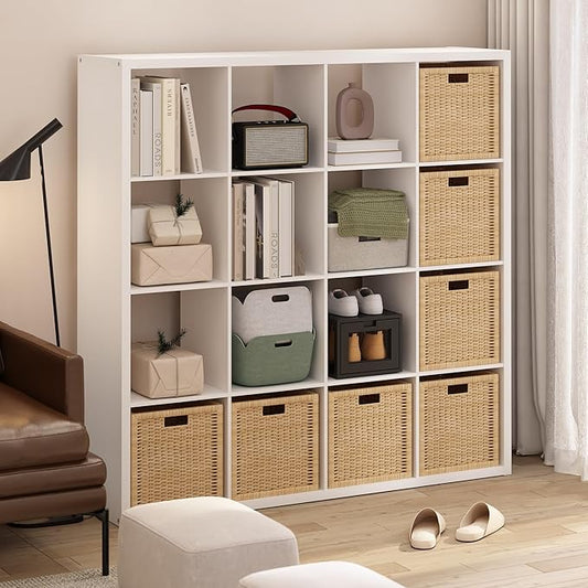 Furinno Cubicle Book Shelf, 16-Cube Thick Frame Bookshelf, Reversible Bookcase with Open Back, 14.6 x 57.8 x 58, for Living Room, Bedroom, Home Office, White