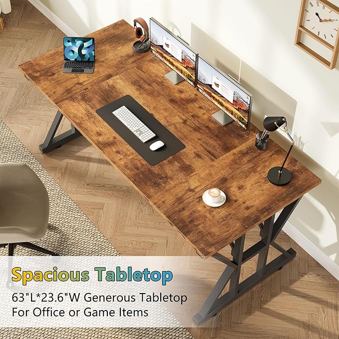 TVU 63-Inch Executive Desk, Large Office Desk with Thicken Frame, Computer Desk Modern Simple Desk for Home Office, Rustic Brown