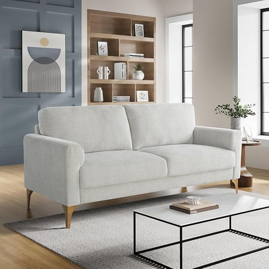 Studio Living® Matthew 75.6" Sofa, Mid-Century Modern, Pocket Coil Comfort, Metal Brushed Bronze Legs, Chenille Fabric, Ivory