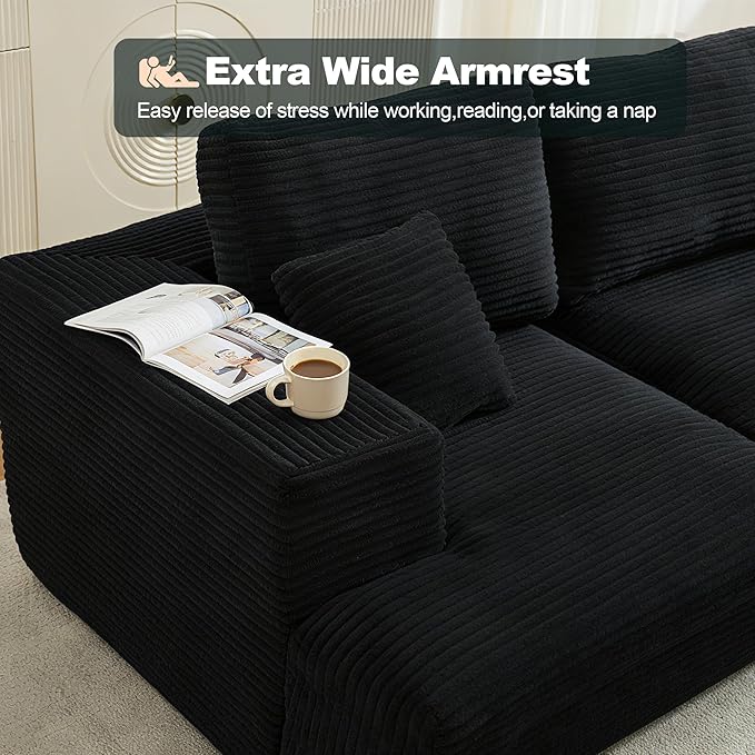 Modular Sectional Cloud Couch for Living Room,Modern Boneless Couche Set with Plush Corduroy,Comfy Floor Sofa with Memory Foam,Stupendous U Shaped Sofa with Chaise,No Assembly Required,Black