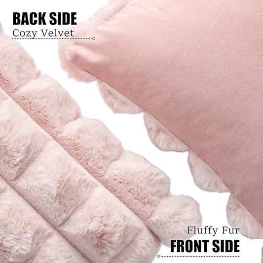 Neelvin Pink Faux Fur Cozy Soft Plaid Decorative Throw Pillow Covers 18x18 inch Set of 2,Velvet Pillowcase Cushion Case for Sofa Couch