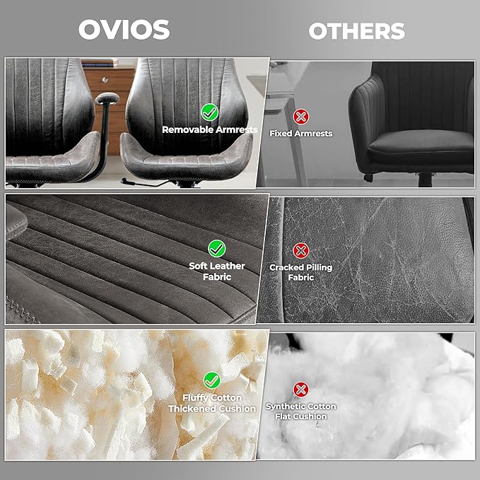ovios Home Office Ergonomic Chair, Mid-Century Modern Luxury Faux Suede Leather Chairs, Comfy High Back Computer Swivel Rolling Task Armchair for Executive, Grey