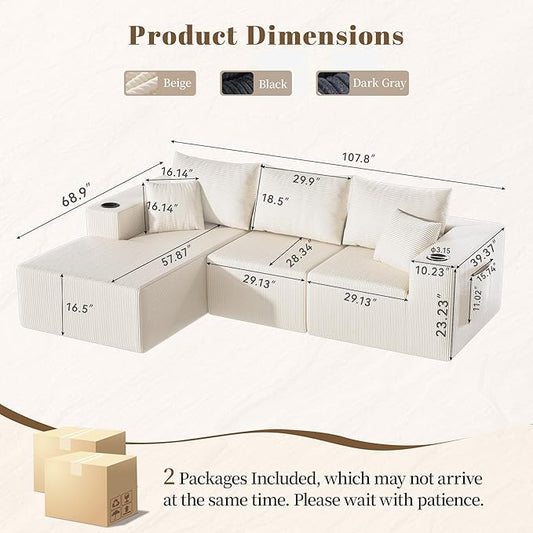 107" Cloud Sectional Couch, Modular Sectional Sofa with L-Shape Chaise, Corduroy Boneless Couch with Deep Seat, Upholstered Sofa for Living Room, No Assembly Required(Left-Facing Chaise, White)