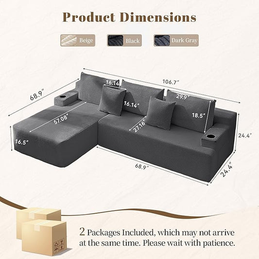 106" Cloud Sectional Couch, Modular Sectional Sofa with L-Shape Chaise, Corduroy Boneless Couch with Deep Seat, Upholstered Sofa for Living Room, No Assembly Required(Left-Facing Chaise, Dark Grey)