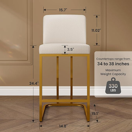 PHI VILLA White and Gold Bar Stools Set of 2, Faux Leather Counter Height Chairs, Kitchen Stools for Island, 24 Inch Barstools with Back
