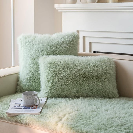 Neelvin Green Faux Fur Cozy Fluffy Double-Sided Decorative Throw Pillow Covers 12x20 inch Set of 2,Velvet Pillowcase Cushion Case for Sofa Couch