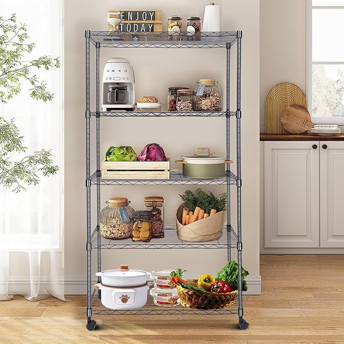 Whitmor 5-Tier Heavy Duty Shelving Unit, Metal Adjustable Storage Shelves, 2000 lbs Capacity for Pantry, Kitchen, Closet, Laundry, 29.6" L x 13.7" W x 59.4" H, Black