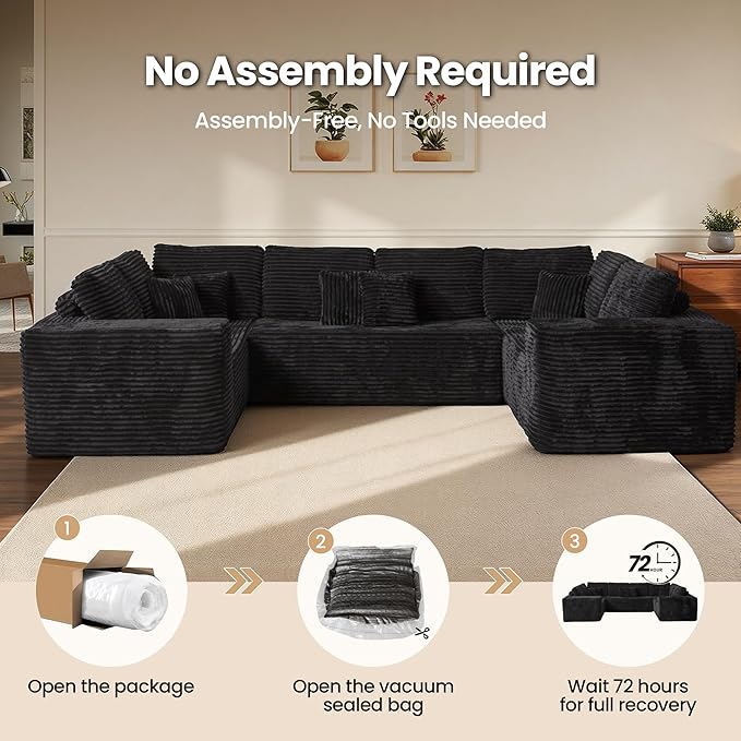 Cloud Sectional Couch with Loveseat, Boneless U-Shaped Cloud Couch with Deep Seat, Soft Plush Modern Minimalist Sofa, Assembly Free Modular Floor Sofa for Office Living Room Apartment, Black