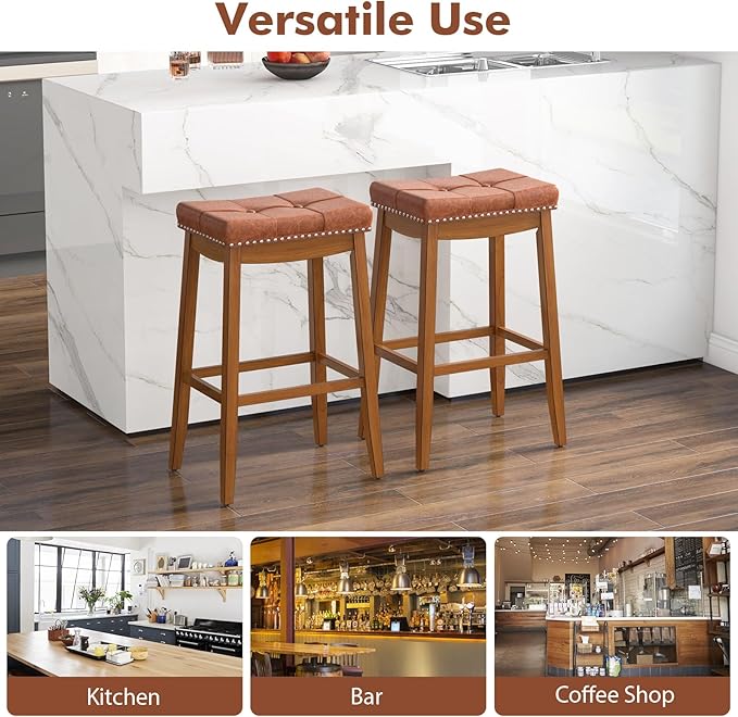 COSTWAY Saddle Bar Stools Set of 2, 29-Inch Bar Height Barstools w/PU Leather Seat, Solid Rubber Wood Frame, Footrest, Mid-Century Backless Bar Stools for Kitchen Island Home Bar