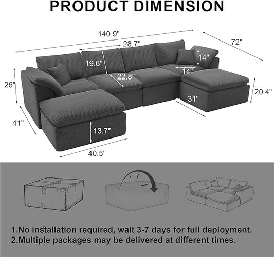 143" Cloud Sectional Couch, Boneless couches for Living Room,U Shaped Couch with Convertible Ottoman, Modular Sectional Sofa with Deep Seat, Comfy Soft Cushions, No Assembly, Gray