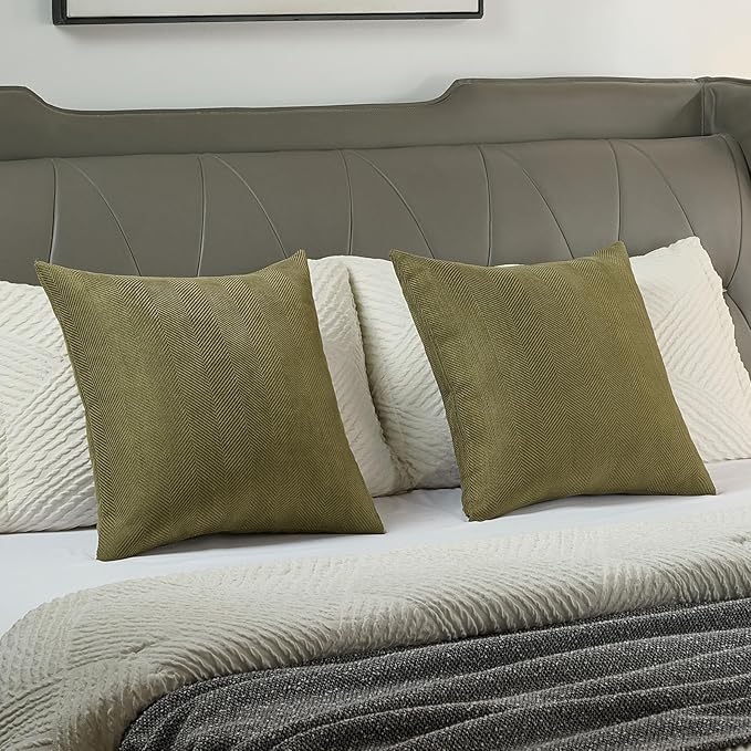 FUTEI Olive Green Chenille Throw Pillow Covers 24x24 Inch Set of 2,Soft Wide Chevron Textured European Pillow Shams,Farmhouse Home Decor for Couch Bed Living Room
