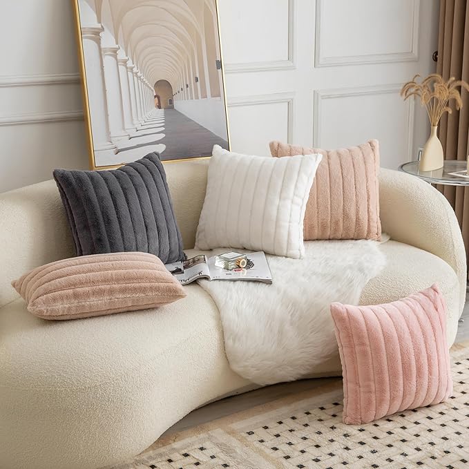 Pack of 2 Faux Fur Throw Pillow Covers 16x16 Inch Striped Decorative Soft Plush Couch Pillow Case Home Decor for Bed, Sofa, Living Room Pink