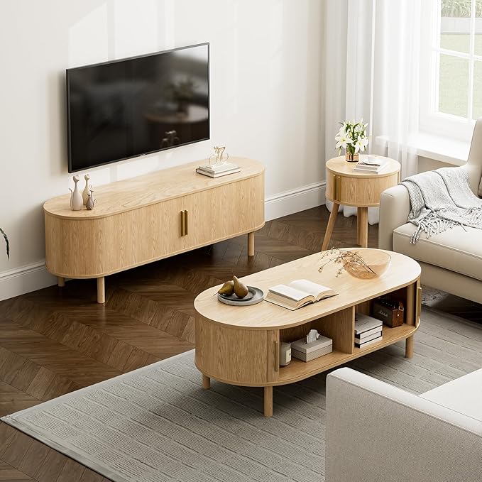 Coffee Table for Living Room, Modern Oval Coffee Table with Cabinets & Sliding Doors, Home Small Space, 47.2" Fluted Center Table, Natual