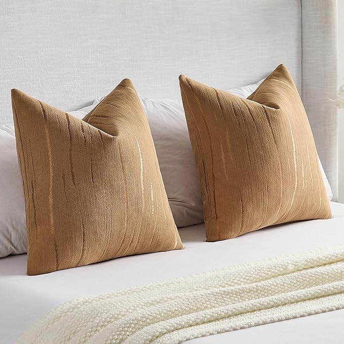 FUTEI Bronze Chenille Decorative Throw Pillow Covers 22x22 Inch Set of 2,Soft Embossed Striped Textured Cushion Case,Modern Home Decor for Couch Bed Living Room