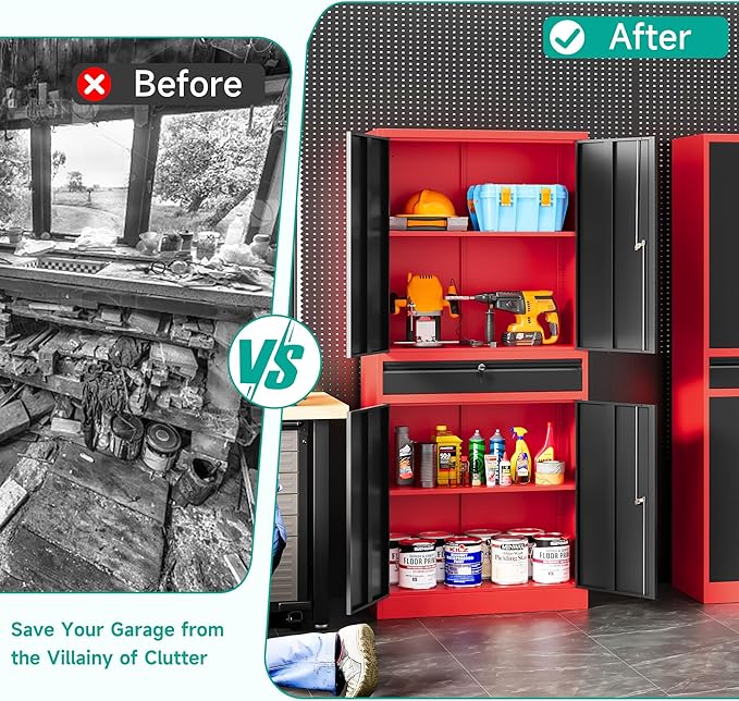 Metal Storage Cabinet with Drawer and Lock,Garage Storage Cabinet with Locking Doors and Shelves,71" Black Red Metal Cabinets,Lockable Steel Tool Cabinets for Garage,Home,Office,Shop