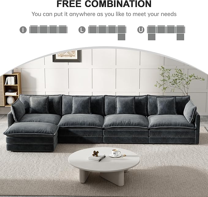 Modular Sectional Sofa, 146.5 Inch L-Shaped Cloud Sofa with Deep Seat Chenille Sofa with Cushions, Four Seater Sectional Sofa for Living Room Apartment,Gray