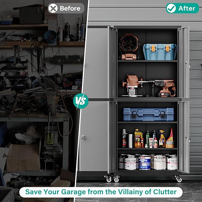 SISESOL Metal Storage Cabinet with Wheels,Rolling Garage Storage Cabinet with Lock,Gray Lockable Metal Cabinets with Shelves,Tall Tool Cabinets on Wheels for Garage,Home,Office,Shop