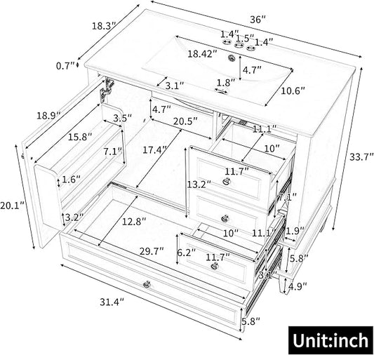 36 Inch Bathroom Vanity with Sink Set, Undermount Vanity Sink Cabinet with 3 Drawers and Door Storage, Soft Closing Door, Wood Frame, Gray