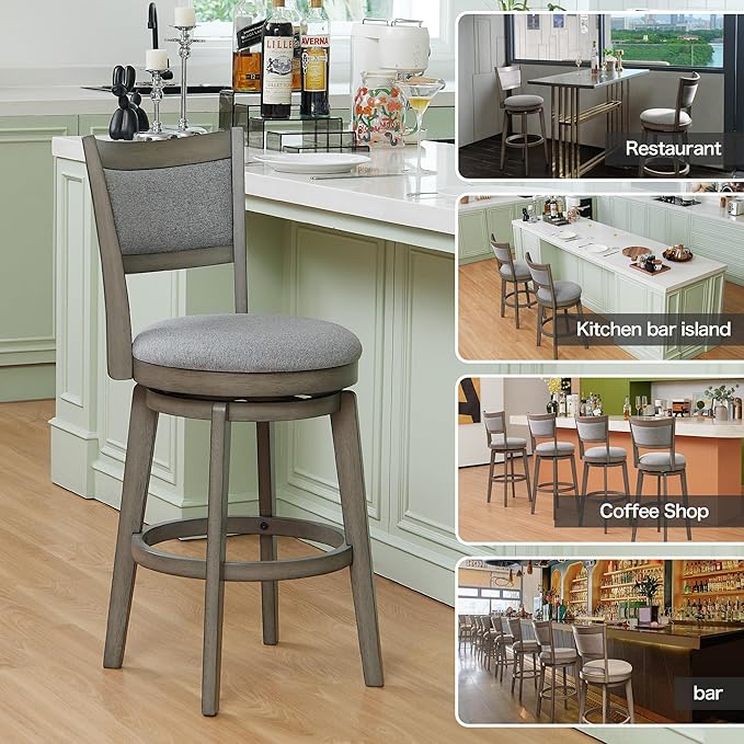 PrimeZone Swivel Bar Stools Set of 6, 26 Inch Counter Height Barstools, High Back Bar Stool with Solid Wood Legs & Wrap-Around Footrest, Counter Stools for Kitchen Island, Pub, Grey