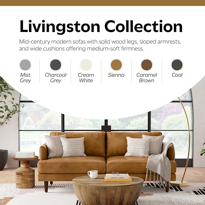 SIMPLIHOME Livingston 76-inch Wide Sofa in Sienna Top Grain Genuine Leather, Handcrafted Mid-Century Modern Loveseat for Living Room, Compact 2-Seater with Feather-Wrapped Cushions