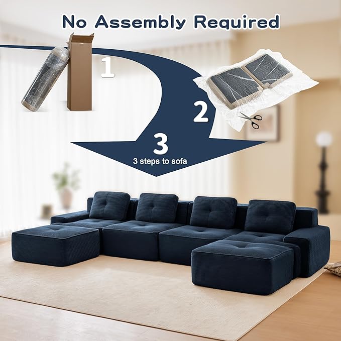 150.4” Blue Boneless Couches for Living Room, Modular Sectional Sofa with U-Shape Chaise, 4 Seater Comfy Upholstered Deep Seat Corduroy Fabric Cloud Couch No Assembly, Anti-Slip Design