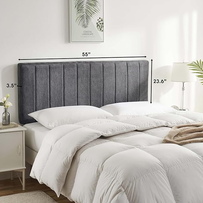 Upholstered Full Headboard - Easy Assemble Channel Stitched Headboard Full Size - Wall Mounted Headboards with 3D Soundproof Wall Panels Peel & Stick Floating Headboards, Grey