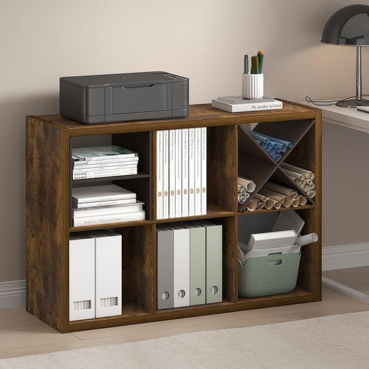 Furinno Cubicle Book Shelf, 6-Cube Thick Frame Bookshelf, Horizontally & Vertically Reversible Bookcase with Open Back, 14.6 x 43.8 x 30, for Living Room, Bedroom, Home Office, Amber Pine