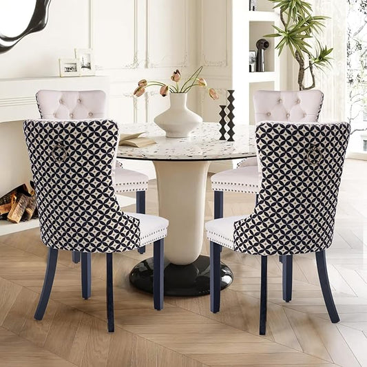 Velvet Upholstered Dining Chairs Set of 4, Modern Style Kitchen Side Chairs with Nailhead Trim and Wood Legs,Metal Pulling Ring for Dining Room Living Room(Quadrangular Star&Beige)