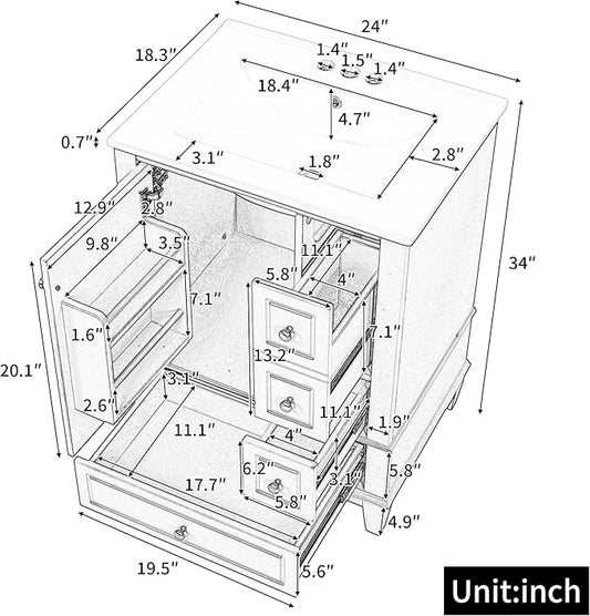 24 Inch Bathroom Vanity with Sink, Freestanding Bathroom Sink Cabinet with 3 Drawers and Storage Door Rack Organizer, Solid Wood Legs, Black