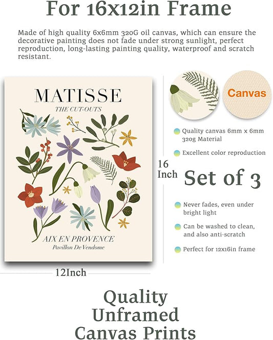 Abstract Matisse Wall Art Decor,Unframed Flower Market Print Posters Set of 3,12x16in Green Quality Canvas Paintings for Home Decoration in Bathroom,Living Room,Bedroom