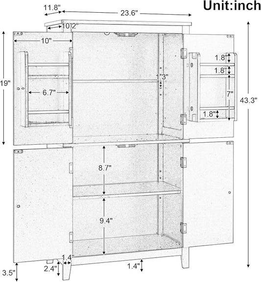 Tall Storage Cabinet, Bathroom Floor Freestanding Storage Cabinet with 2 Double-Door and Adjustable Shelves for Bathroom, Office, Living Room, Grey