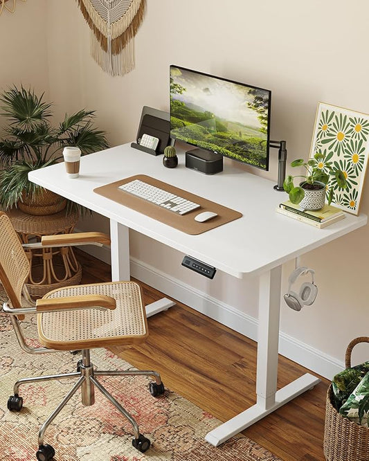 FEZIBO One-Piece Standing Desk Adjustable Height Stand up Home Office Desk, 40x24 Inch Electric Standing Computer Desk, with 4 Memory Presets, Headphone Hook, White