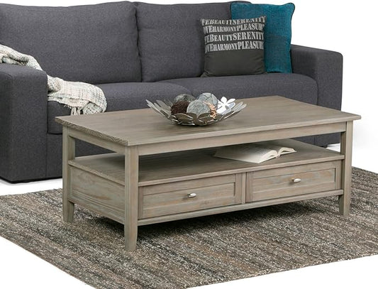 SIMPLIHOME Warm Shaker Coffee Table - 48 inch Wide Solid Wood Cocktail Table in Distressed Grey, Transitional Living Room Table with 2 Storage Drawers and Open Shelf for Sitting Area or Lounge