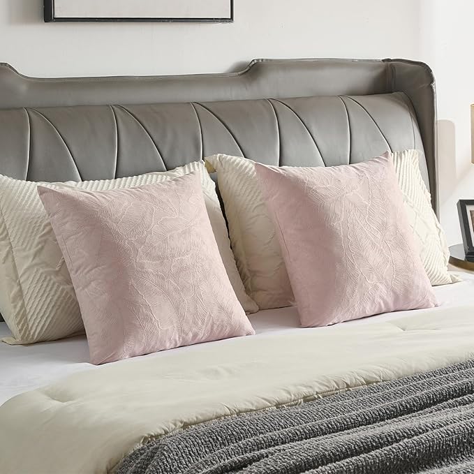 FUTEI Pink Velvet Throw Pillow Covers 16x16 Inch Set of 2,Soft Embossed Leaf-Relief Textured Cushion Cases,Natural Home Decor for Couch Living Room