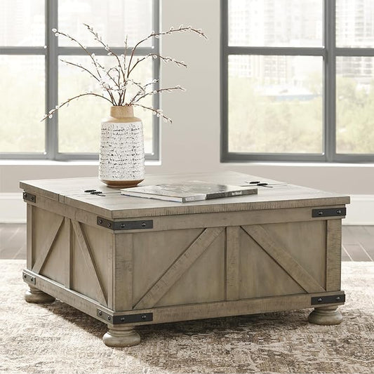 Signature Design by Ashley Aldwin Farmhouse Square Coffee Table with Lift Top for Storage, Grayish Brown