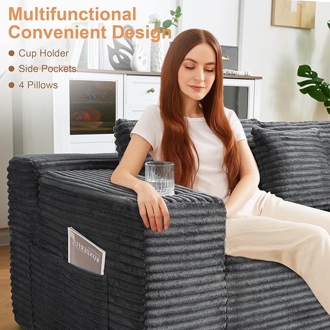 Modular Sectional Sofa, L Shaped Comfy Cloud Couch with Deep Seat, Boneless Couch for Living Room, Modern Corduroy Sectional Sofa with Chaise, No Assembly Required, Sofa in A Box, Dark Gray