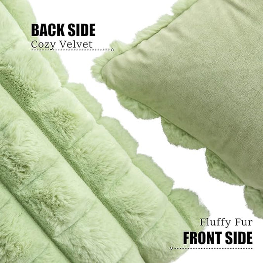 Neelvin Green Faux Fur Cozy Soft Plaid Decorative Throw Pillow Covers 16x16 inch Set of 2,Velvet Pillowcase Cushion Case for Sofa Couch
